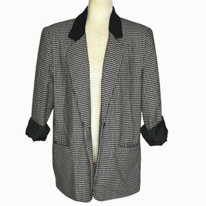 Wool Blend Houndstooth Blazer Black Velvet Collar Oversized Boxy Fit Sz 14